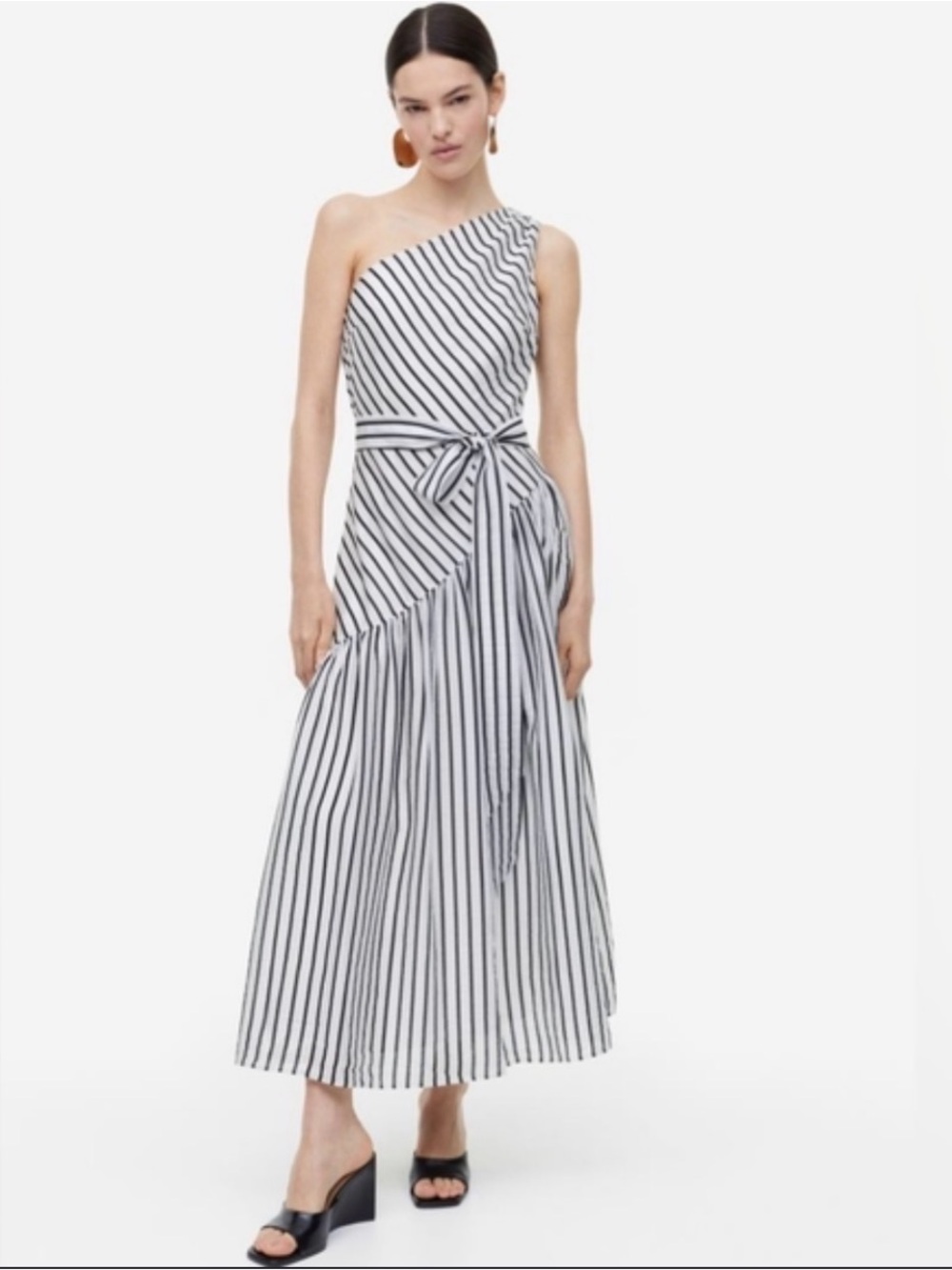 H&M One-Shoulder Striped Linen Blend Midi Dress | XS | Tie Waist | Coastal Chic